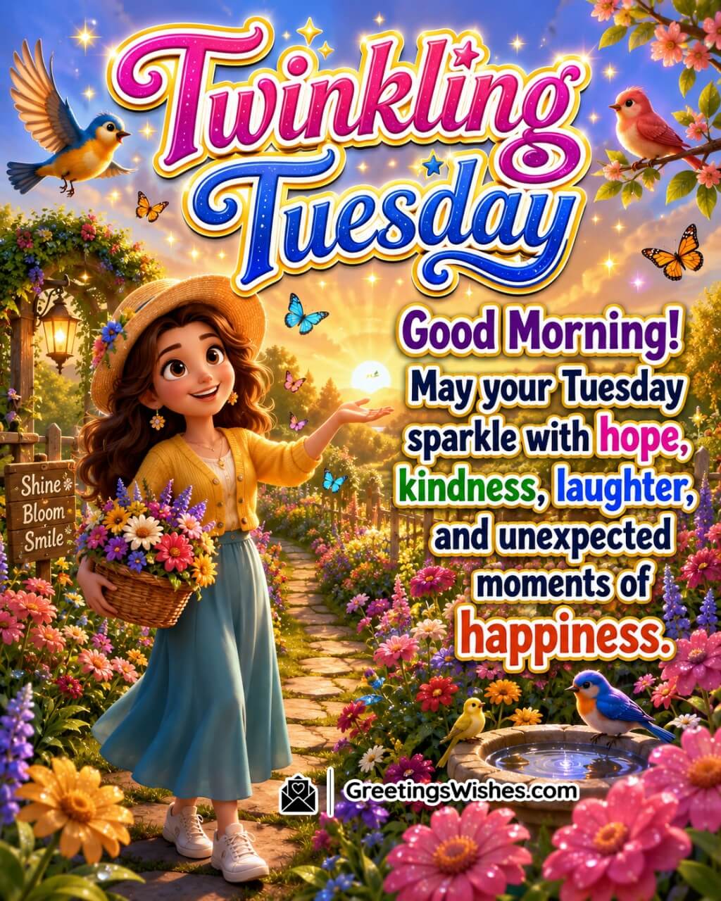 Twinkling Tuesday Morning Wishes Image featuring a joyful woman watching sunrise, butterflies, and flowers in a magical morning meadow symbolizing hope, kindness, and happiness.