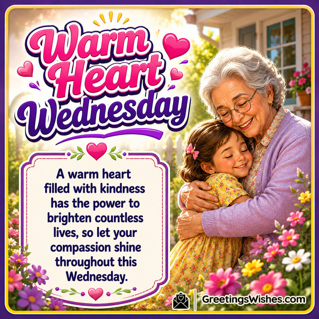 Warm Heart Wednesday Quote Image featuring a caring grandmother embracing a child in a blooming home garden symbolizing kindness and compassion.
