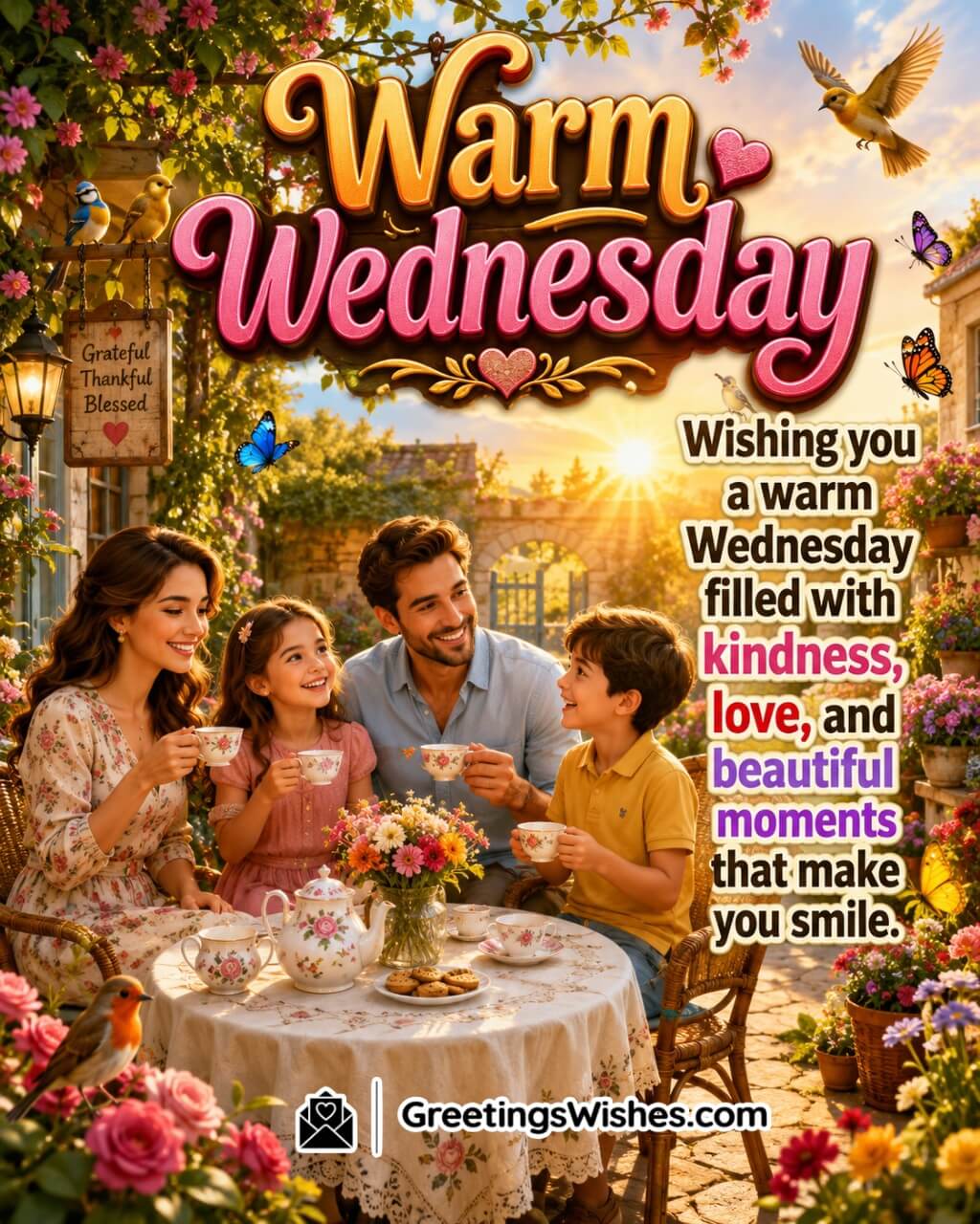 Warm Wednesday Blessings and Greetings Image featuring a happy family enjoying tea together in a flower filled courtyard at sunrise symbolizing love, kindness, and togetherness.