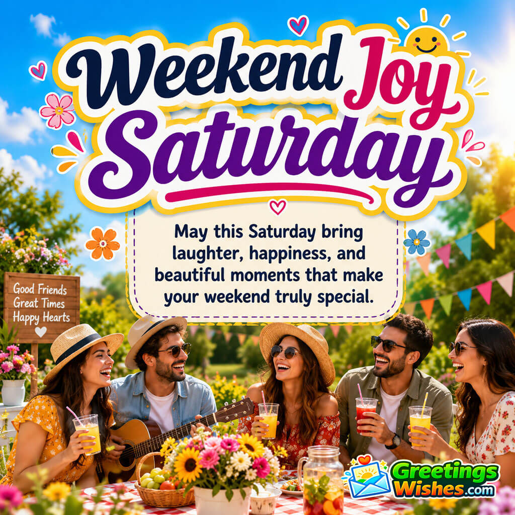 Weekend Joy Saturday Quote Image featuring cheerful friends enjoying a fun outdoor gathering surrounded by flowers and sunshine symbolizing happiness and friendship.