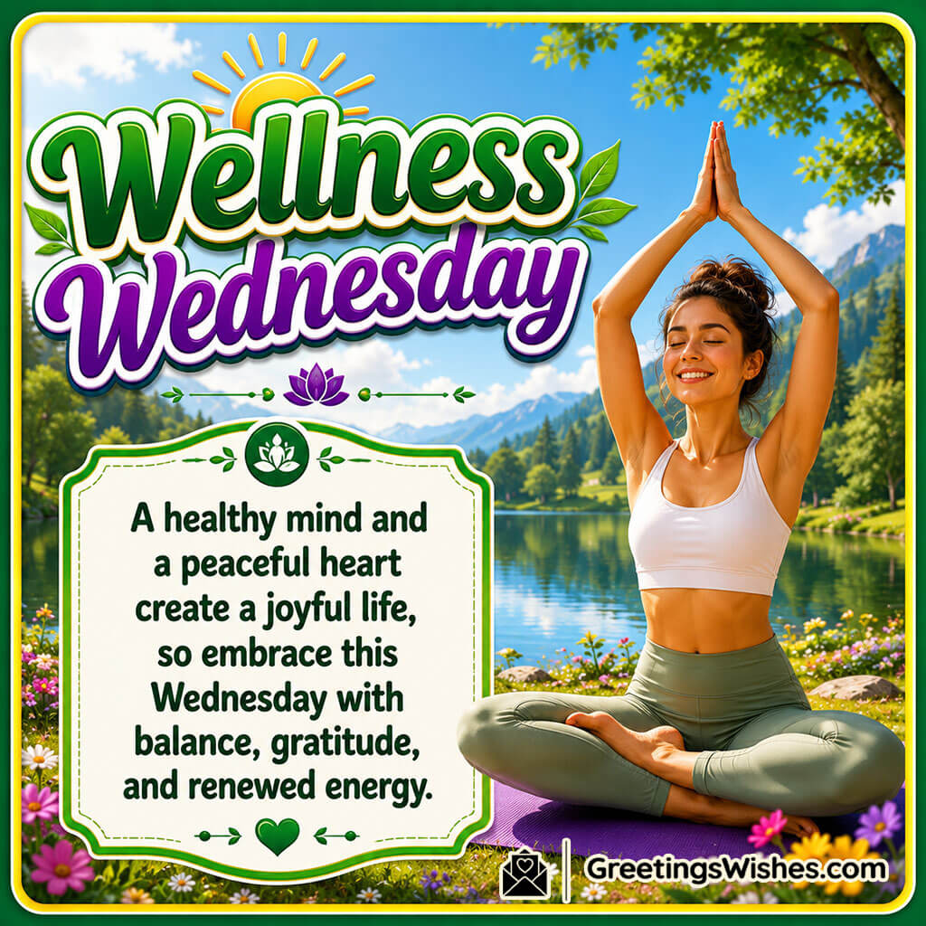 Wellness Wednesday Quote Image featuring a smiling yoga instructor practicing beside a peaceful lake surrounded by greenery and flowers symbolizing balance and inner peace.