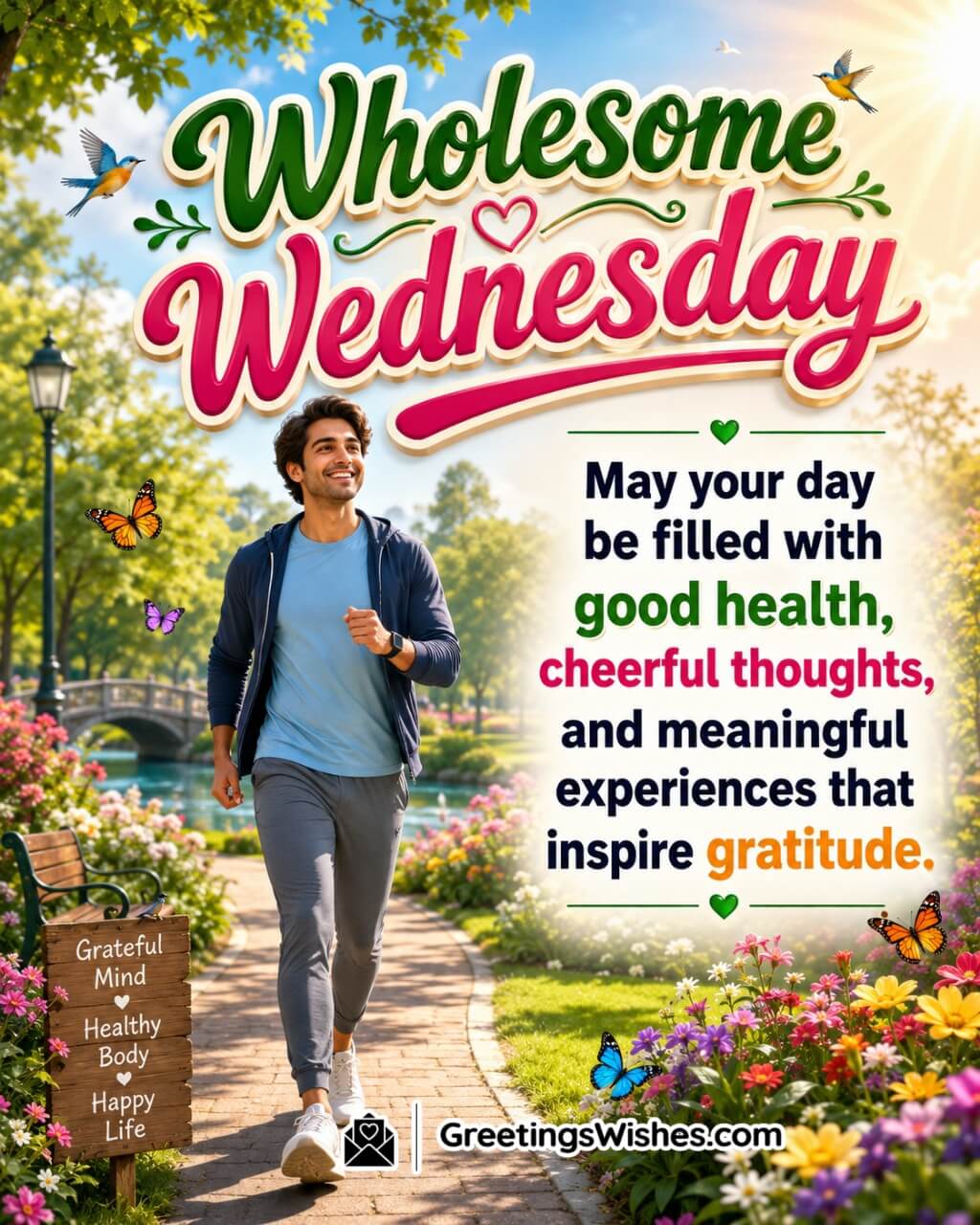 Wholesome Wednesday Morning Blessings Image featuring a cheerful person enjoying a healthy walk through a scenic park with flowers and sunshine symbolizing wellbeing, gratitude, and positivity.