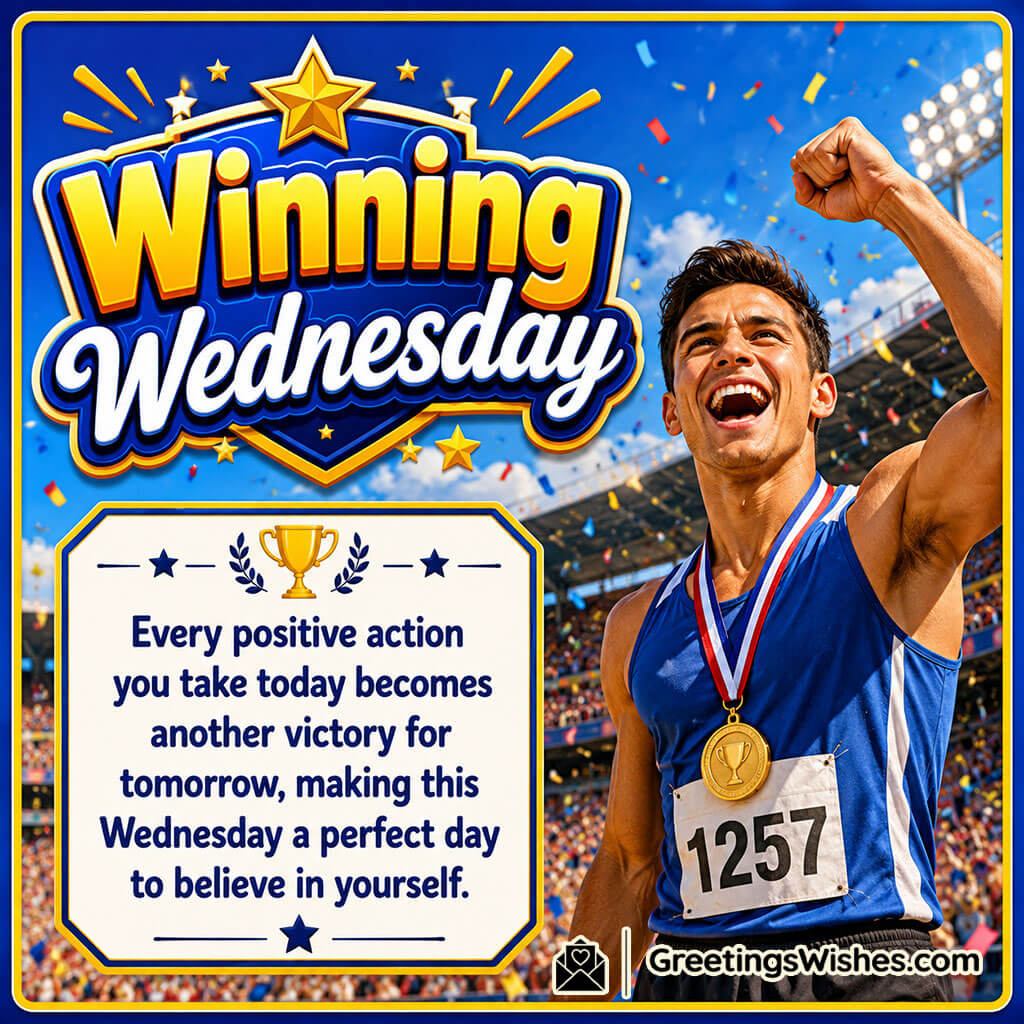 Winning Wednesday Quote Image featuring a confident young athlete celebrating a personal milestone in a vibrant outdoor stadium symbolizing victory and success.