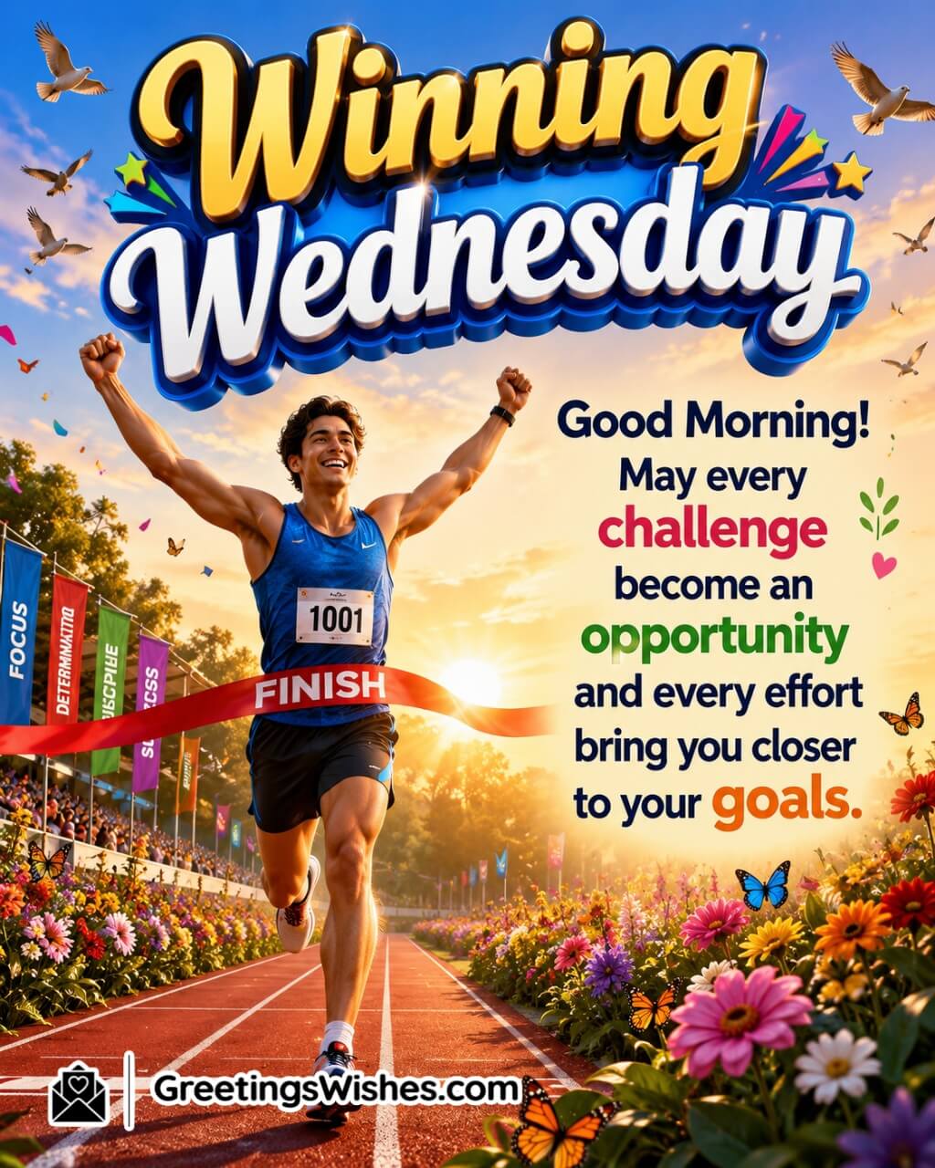 Winning Wednesday Success Blessings Image featuring an athlete crossing a finish line at sunrise with flowers and bright morning light symbolizing achievement, determination, and reaching goals.
