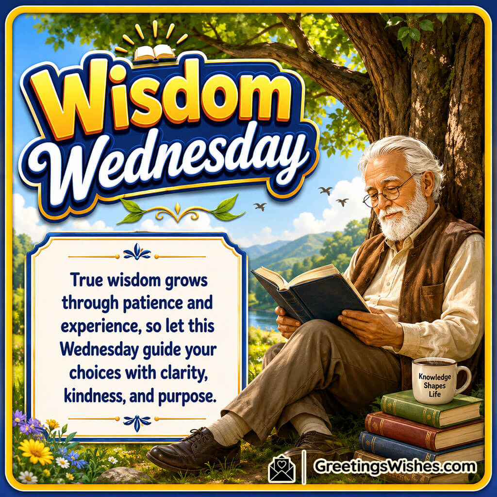 Wisdom Wednesday Quote Image featuring an experienced elderly teacher reading beneath a magnificent tree symbolizing wisdom, patience, and purpose.
