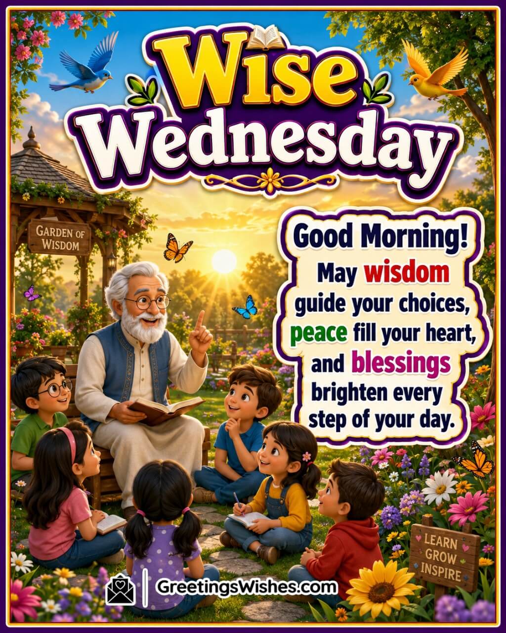 Wise Wednesday Morning Blessings and Wishes Image featuring a teacher sharing knowledge with students in a beautiful outdoor garden setting symbolizing wisdom, guidance, peace, and blessings.