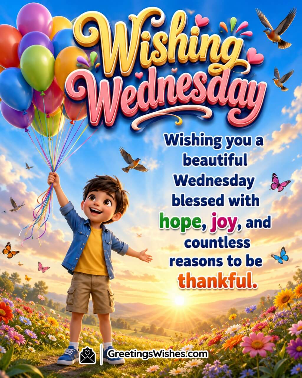 Wishing Wednesday Blessings Wish Image featuring a joyful child releasing colorful balloons into a bright morning sky above a flower meadow symbolizing hope, joy, and thankfulness.