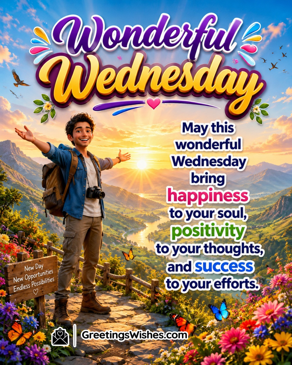 Wonderful Wednesday Positive Morning Wishes Image featuring a cheerful traveler enjoying a breathtaking sunrise viewpoint surrounded by nature symbolizing happiness, positivity, and success.