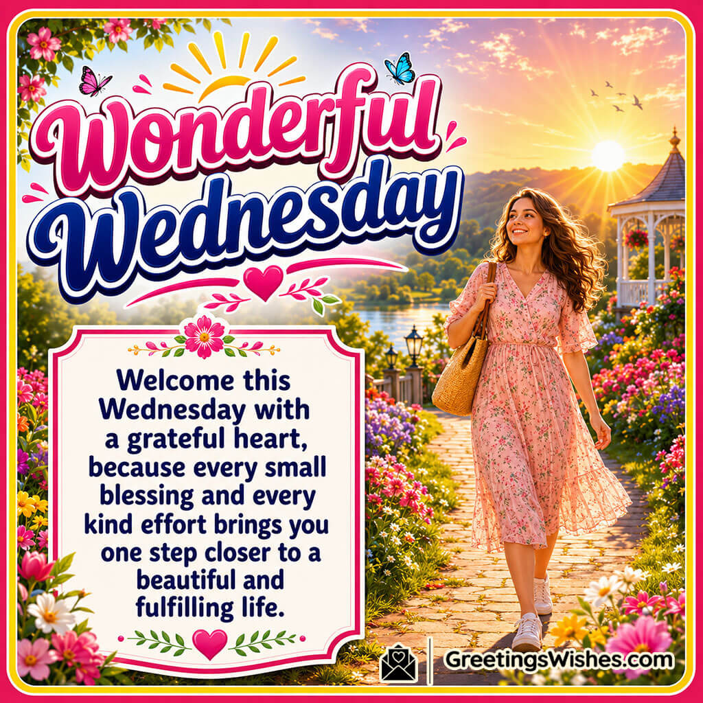 Wonderful Wednesday Quote Image featuring a cheerful young woman enjoying a peaceful sunrise walk through a flower filled garden symbolizing gratitude, happiness, and beautiful beginnings.