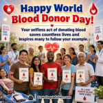 World Blood Donor Day Appreciation Message Image featuring proud blood donors holding appreciation certificates, healthcare workers, grateful families, blood donation awareness signs, and a glowing heart symbolizing generosity, community support, and the life saving impact of blood donation.