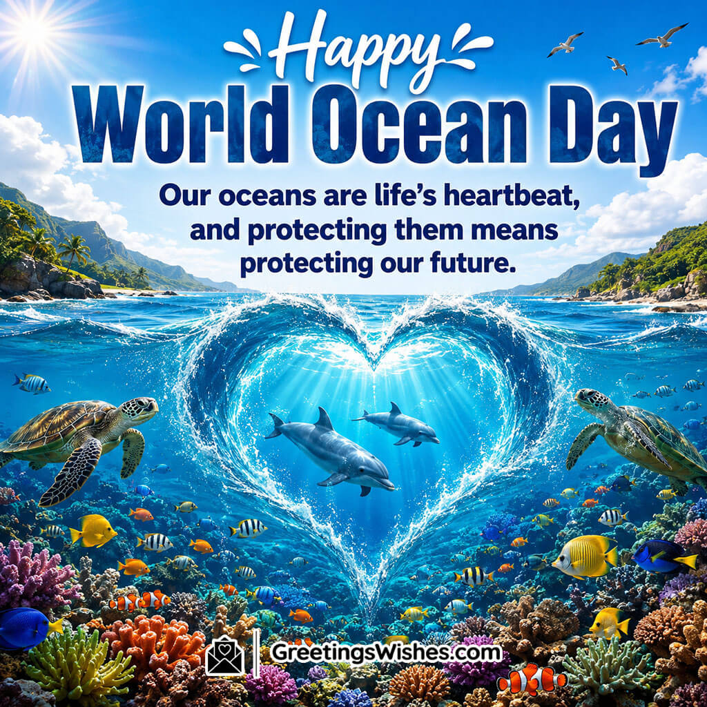 World Ocean Day Awareness Messages Image featuring a glowing heart shaped ocean, vibrant coral reefs, sea turtles, dolphins, colorful fish, and sunlit blue waters symbolizing the vital role oceans play in sustaining life and protecting the future of our planet.