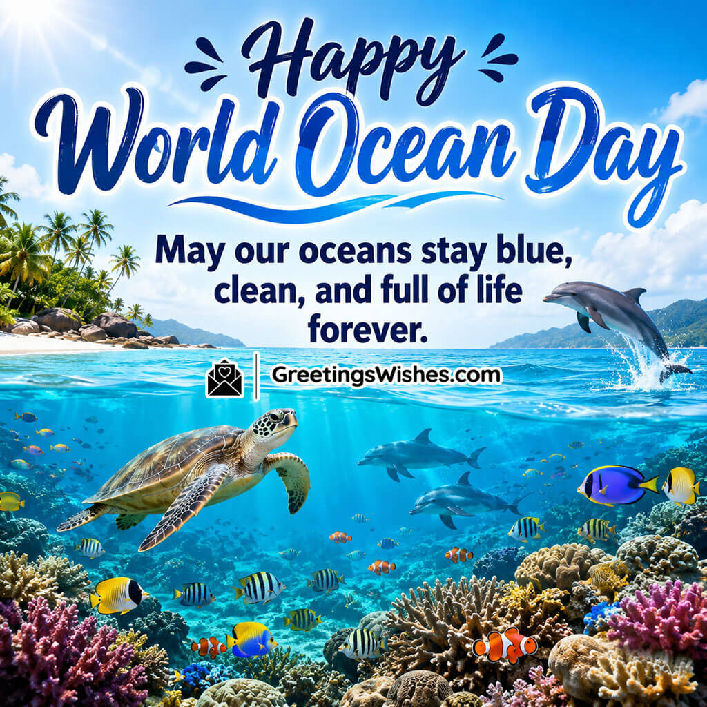 World Ocean Day Environmental Wishes Image featuring crystal clear turquoise waters, thriving coral reefs, playful dolphins, sea turtles, tropical fish, and pristine sandy beaches symbolizing clean oceans, marine conservation, and a healthy future for sea life.