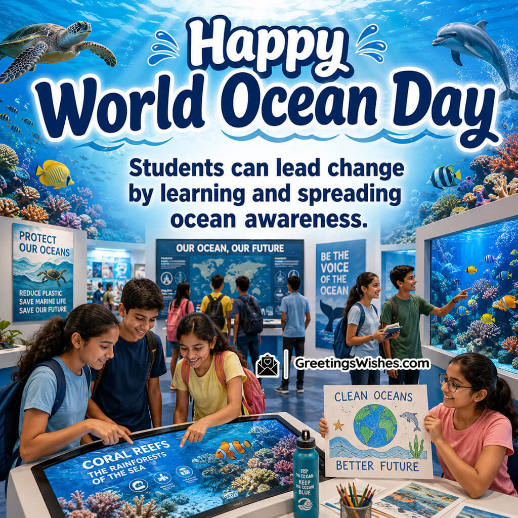 World Ocean Day Messages for Students and Public Image featuring enthusiastic students exploring marine exhibits, learning about coral reefs and sea creatures, and sharing conservation ideas in an educational environment symbolizing awareness, leadership, and positive action for ocean protection.