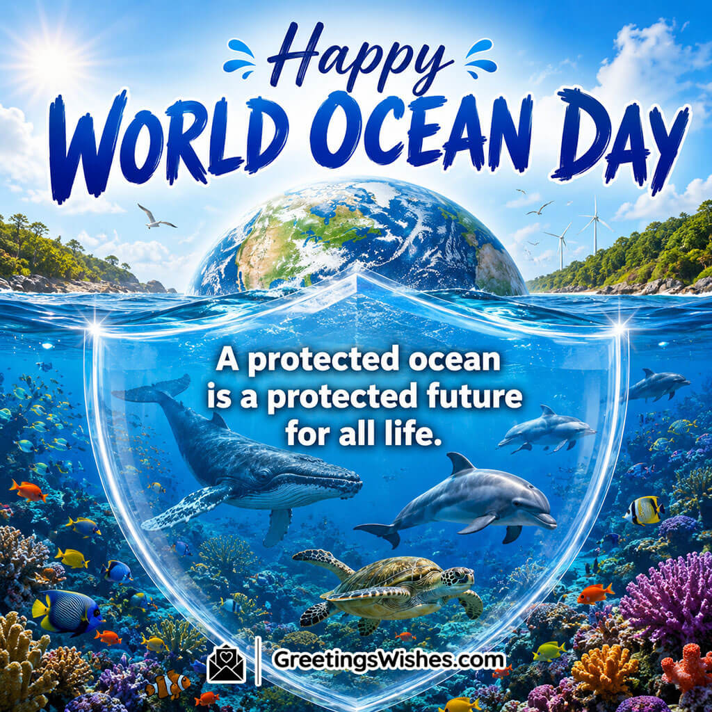 World Ocean Day Ocean Protection Quote Image featuring a transparent protective shield surrounding a flourishing ocean ecosystem with whales, dolphins, sea turtles, colorful coral reefs, and a healthy Earth symbolizing conservation, sustainability, and protection of marine life for future generations.