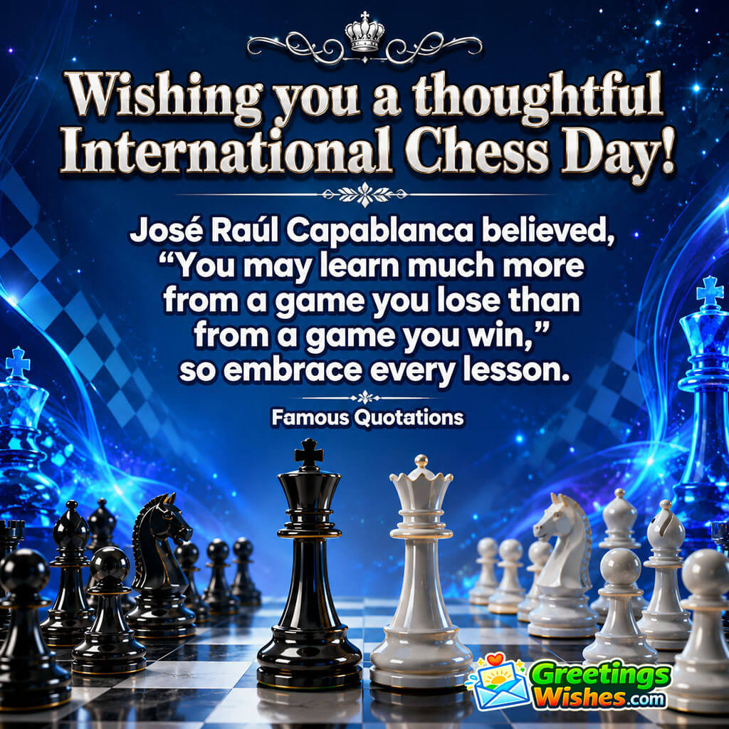 International Chess Day image featuring black and white chess pieces with a José Raúl Capablanca quote, symbolizing learning, resilience, and continuous improvement.