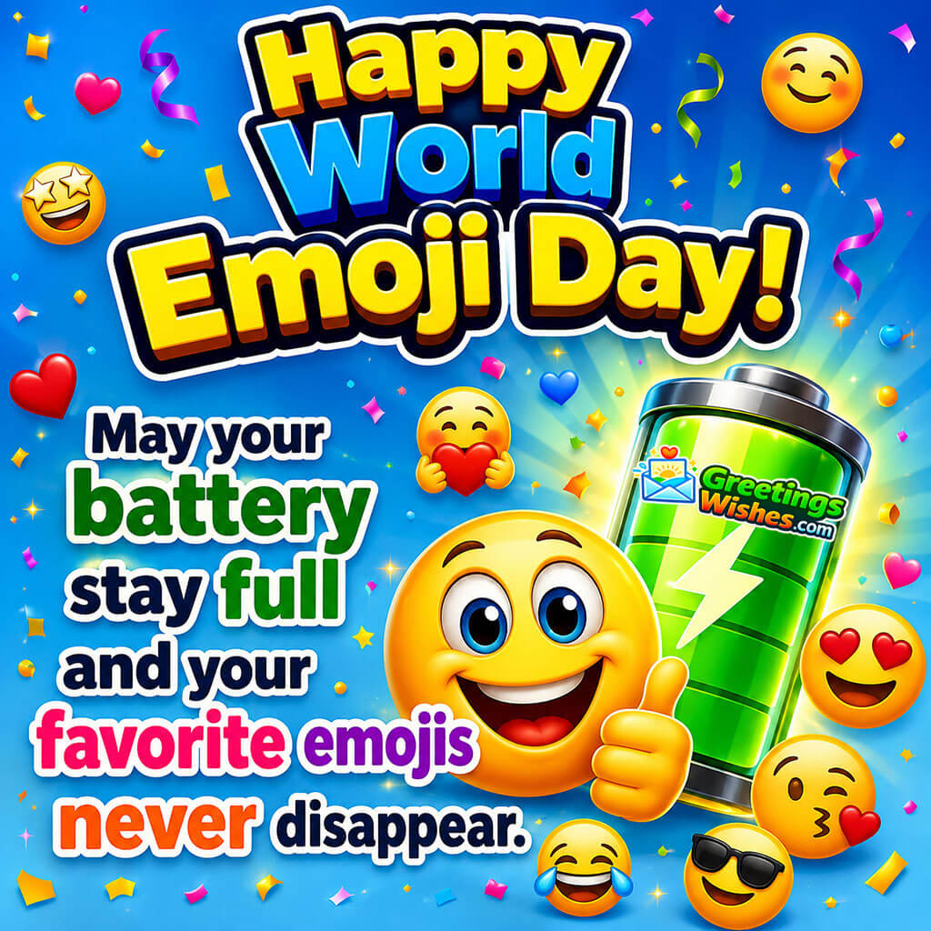 Funny World Emoji Day Greetings Card featuring a smiling emoji with a full battery, symbolizing fun digital communication.