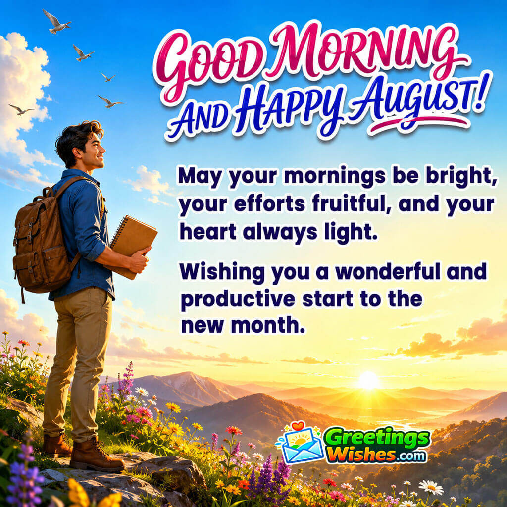 Good Morning and Happy August image featuring a young man watching the sunrise from a hilltop, symbolizing fresh beginnings, motivation, productivity, and hope.