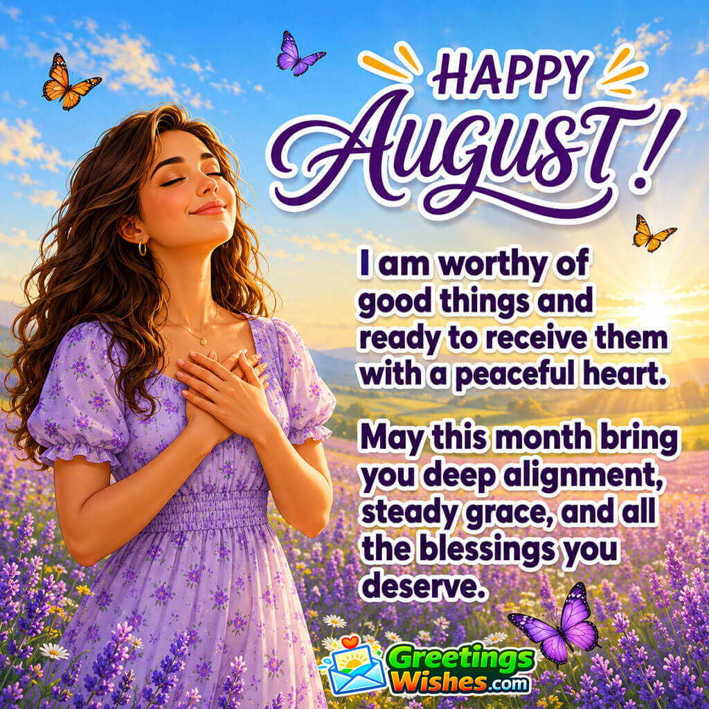 Happy August image featuring a peaceful woman in a lavender field at sunrise, symbolizing self worth, gratitude, inner peace, and abundance.