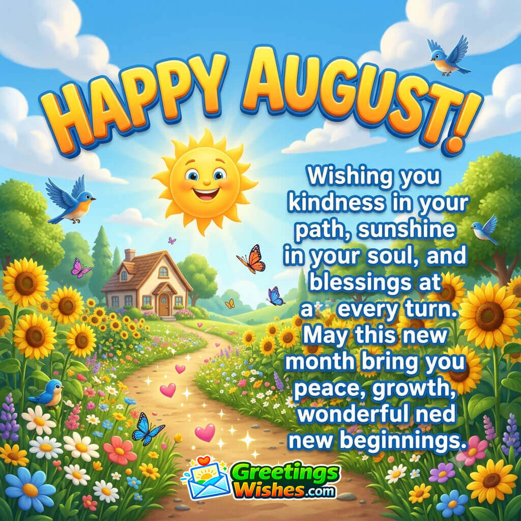 Happy August image featuring a sunny countryside with flowers, birds, and a cottage, symbolizing joy, kindness, peace, and new beginnings.