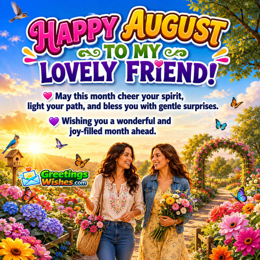 Happy August to My Lovely Friend image featuring two friends walking through a colourful flower garden at sunrise, symbolizing friendship, joy, encouragement, and shared happiness.
