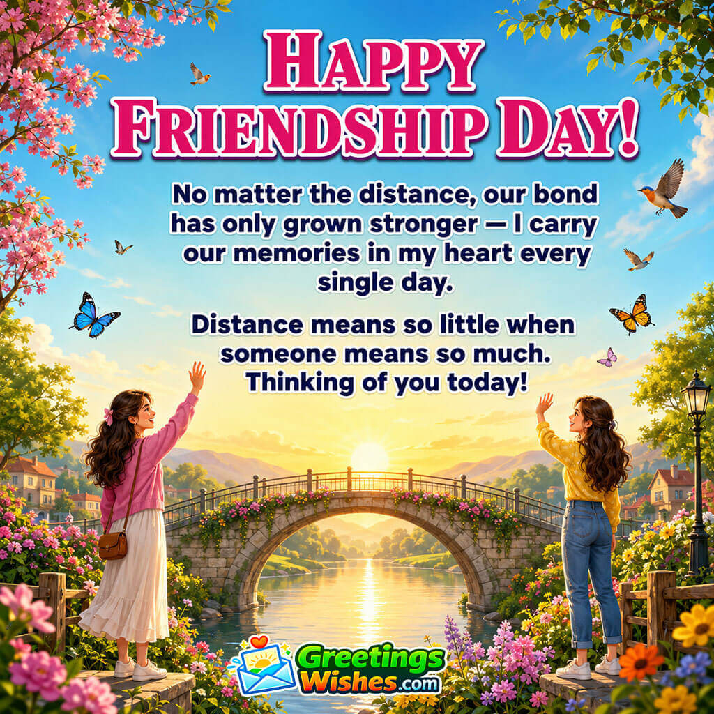 Happy Friendship Day Long Distance Friend Wishes featuring two friends waving across a flower-lined bridge at sunrise, symbolizing cherished memories, enduring friendship, and hearts connected across any distance.