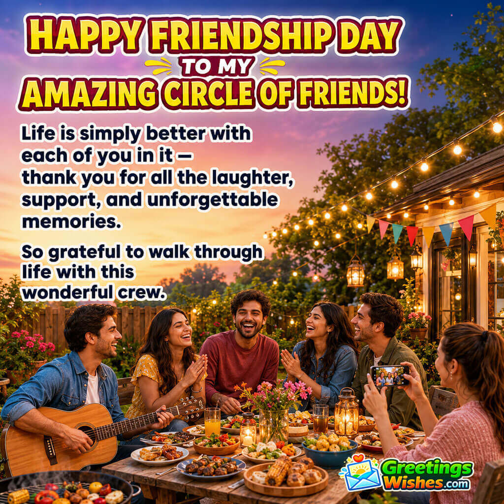 Happy Friendship Day to My Amazing Circle of Friends image featuring a joyful group of friends sharing dinner and laughter outdoors, symbolizing togetherness, gratitude, lasting memories, and true friendship.