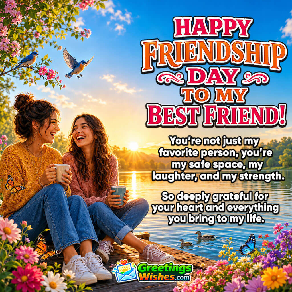 Happy Friendship Day to My Best Friend image featuring two best friends sitting by a lakeside at sunset, symbolizing love, trust, gratitude, and lifelong friendship.