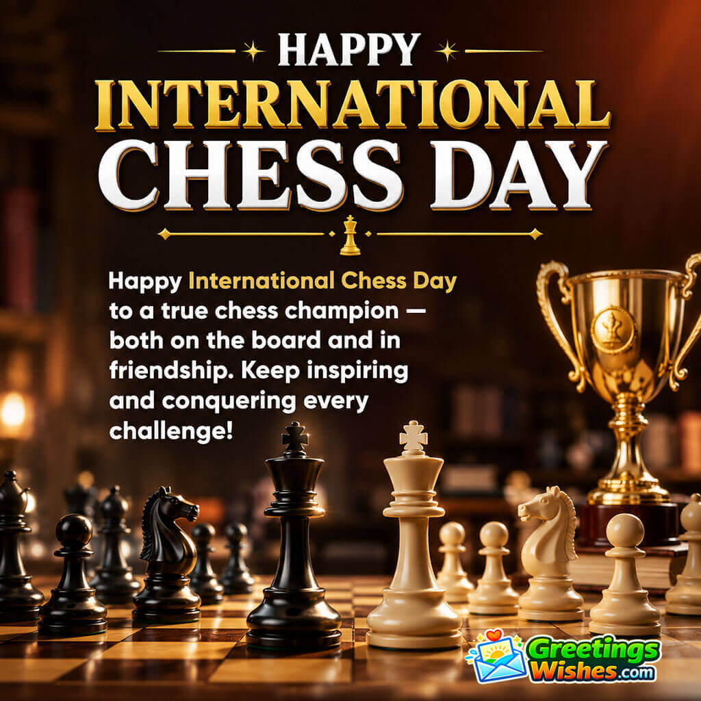 Happy International Chess Day image featuring chess pieces and a championship trophy, symbolizing friendship, excellence, and success.