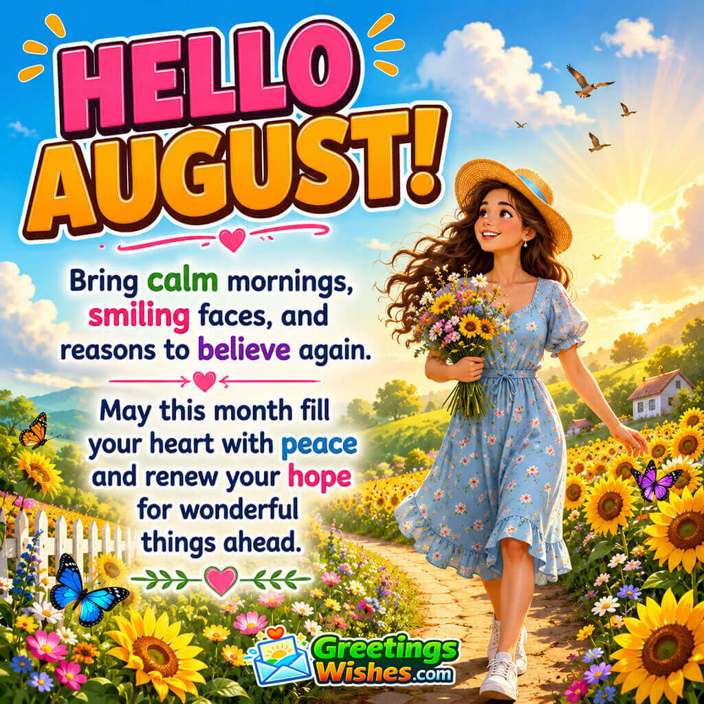 Hello August image featuring a smiling woman walking through a sunflower field with flowers, symbolizing calm mornings, hope, peace, and joyful new beginnings.