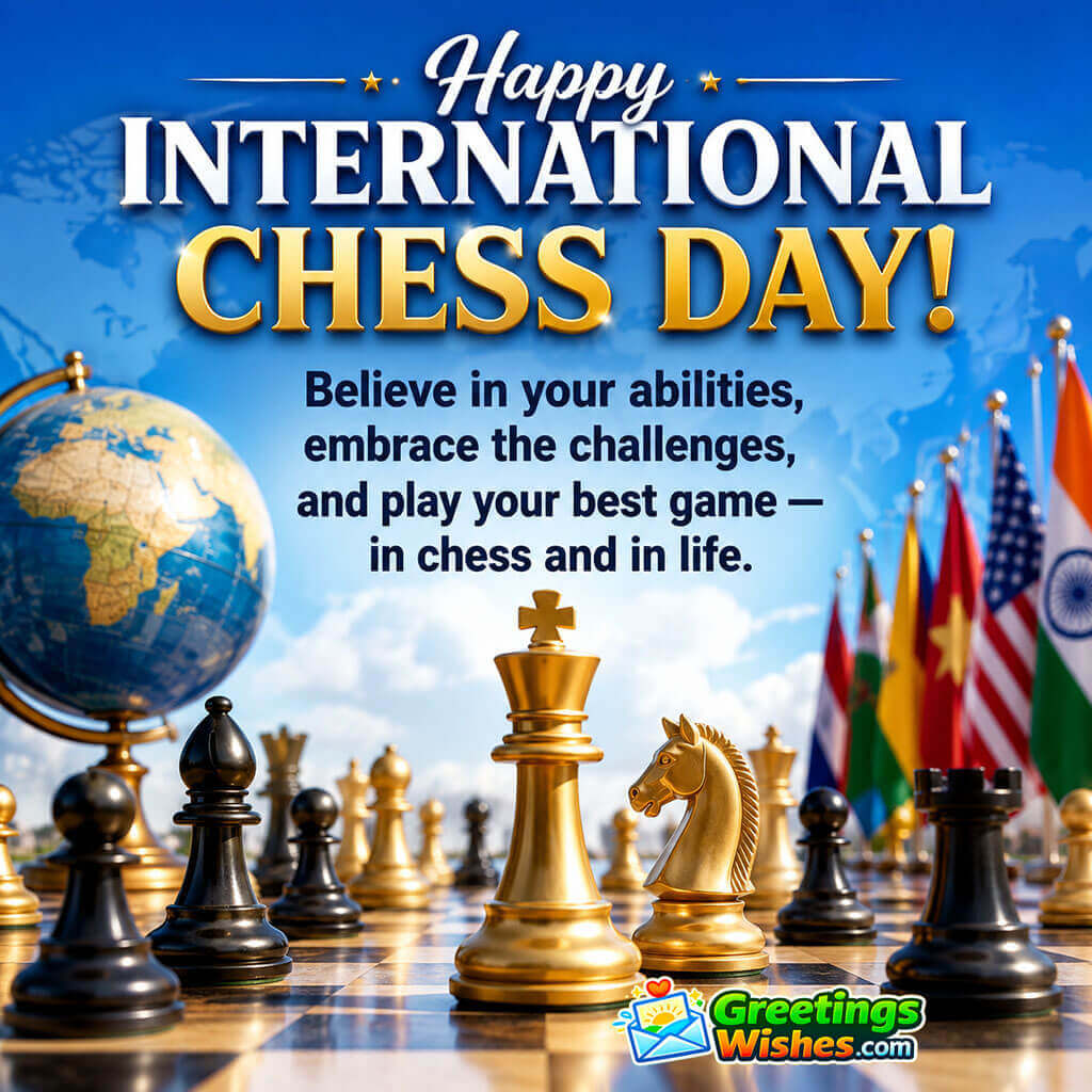 International Chess Day image featuring a golden king, chessboard, globe, and international flags, symbolizing confidence, determination, and strategic thinking.