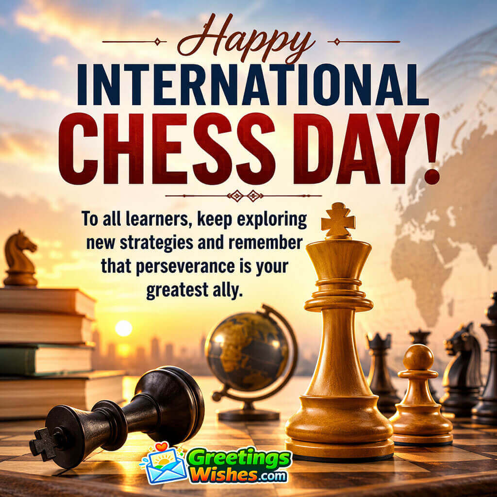 International Chess Day image featuring chess pieces, books, and a globe, symbolizing learning, perseverance, and intellectual growth.