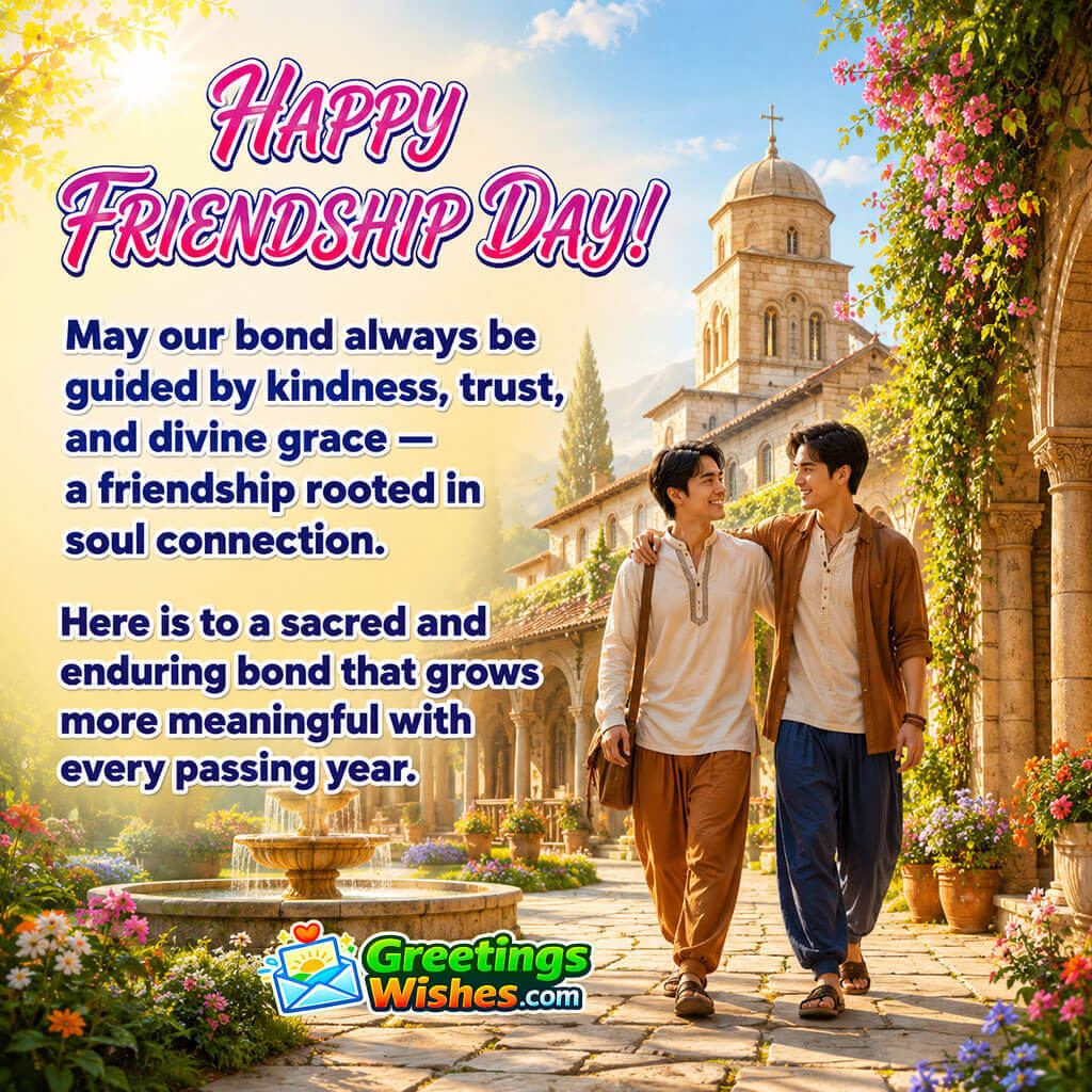 Spiritual Happy Friendship Day Wishes featuring two friends walking through a peaceful monastery garden, symbolizing kindness, trust, divine grace, soul connection, and an enduring friendship.