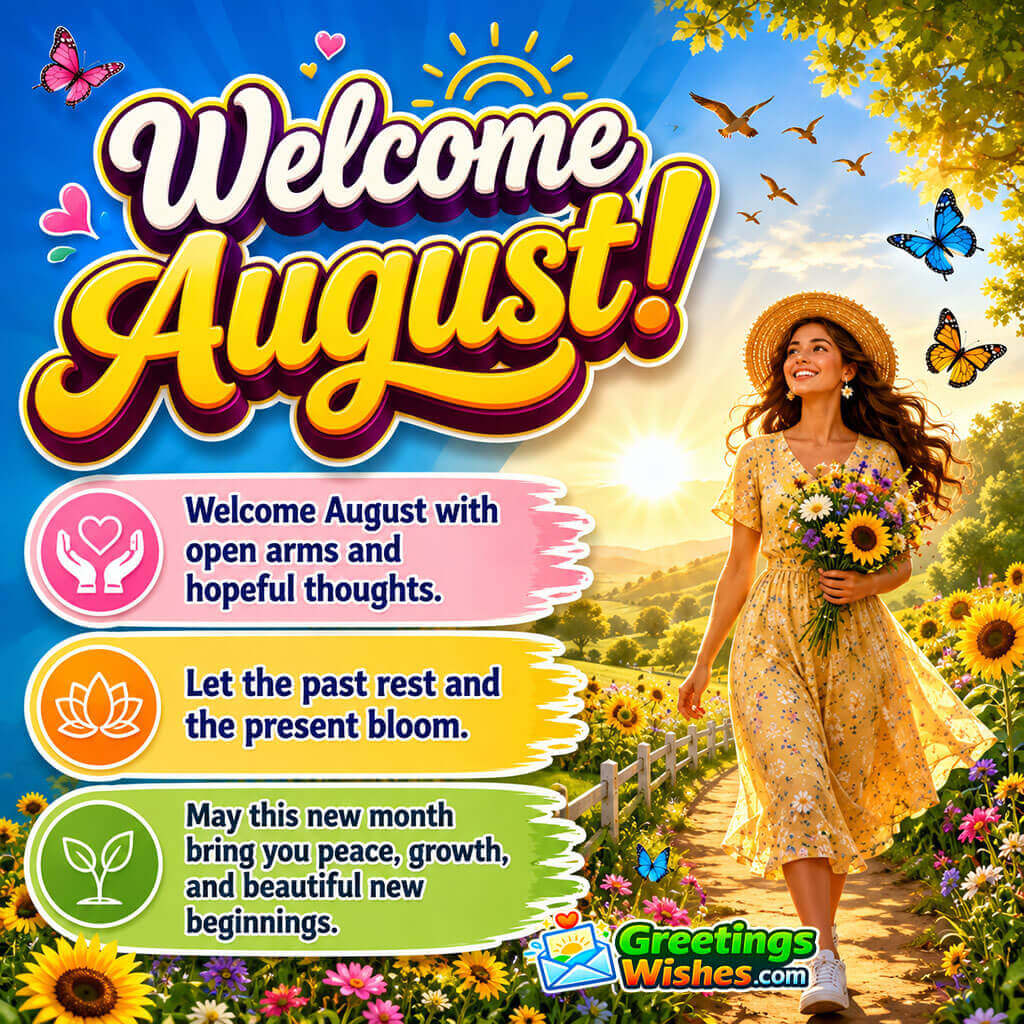 Welcome August image featuring a woman holding a bouquet while walking through blooming flowers, symbolizing optimism, peace, growth, and a fresh start.