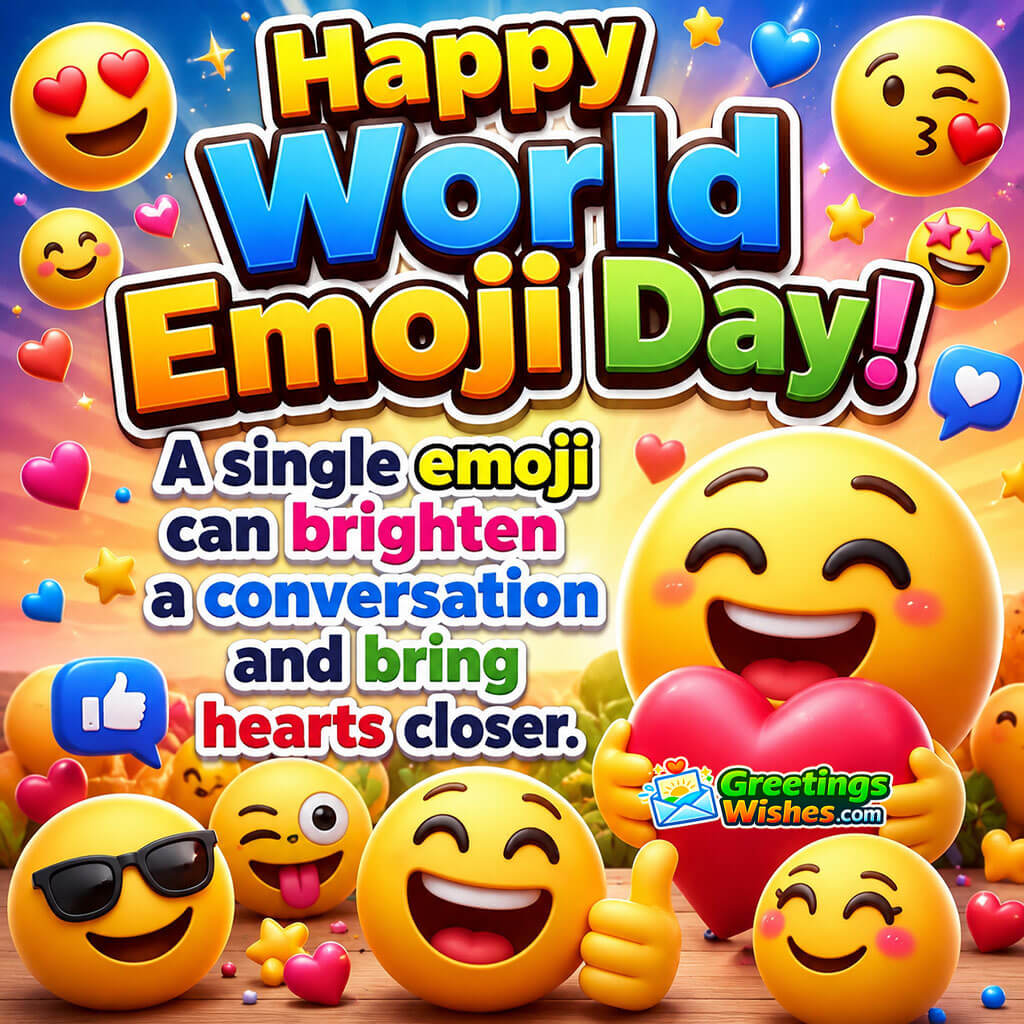World Emoji Day Message Card featuring cheerful emojis with hearts, symbolizing friendship and positive conversations.