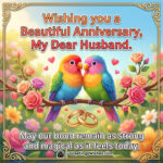 Anniversary Wishes for Husband image featuring a pair of colourful love birds, wedding rings, and blooming roses, symbolizing everlasting love, togetherness, and a strong marital bond.