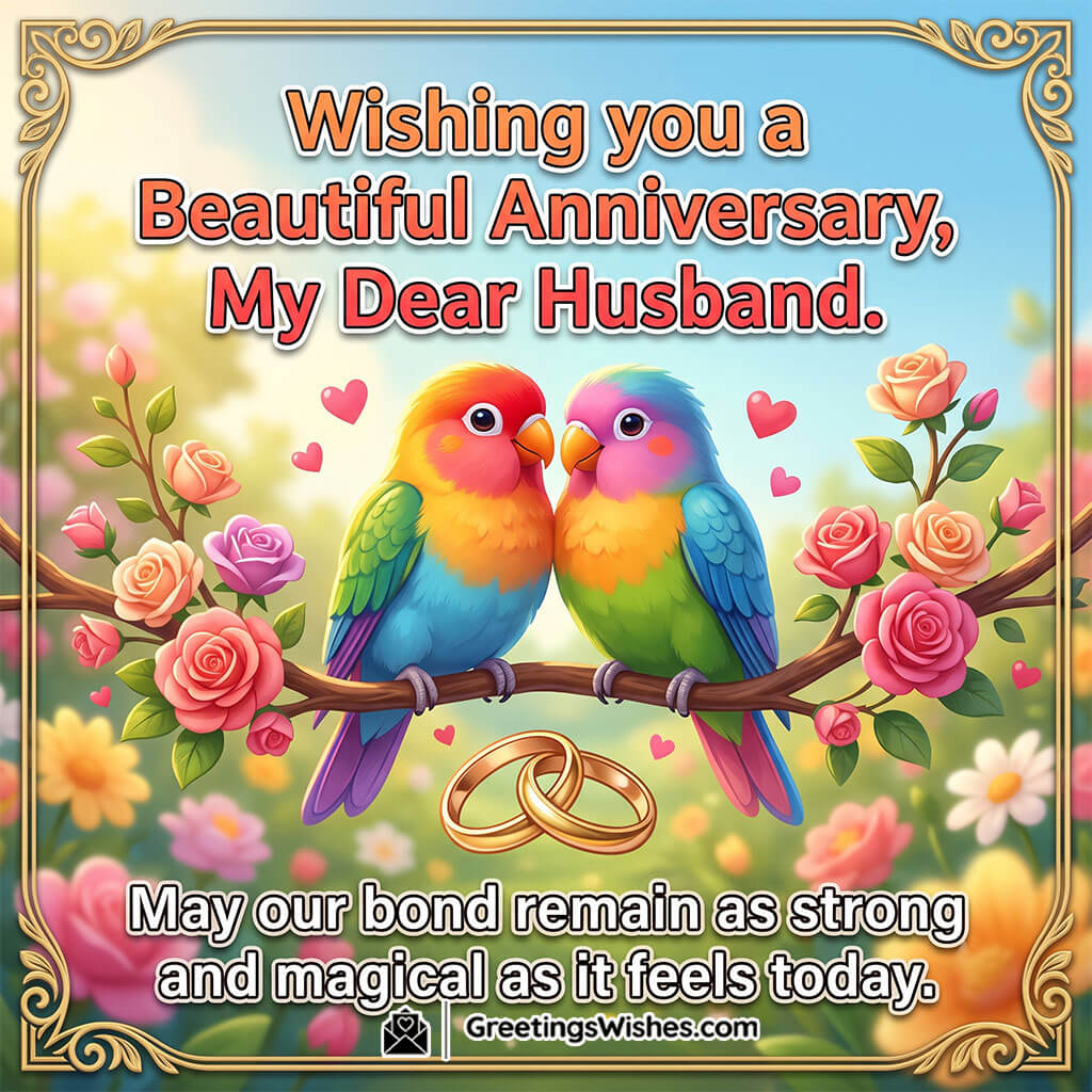 Anniversary Wishes for Husband image featuring a pair of colourful love birds, wedding rings, and blooming roses, symbolizing everlasting love, togetherness, and a strong marital bond.