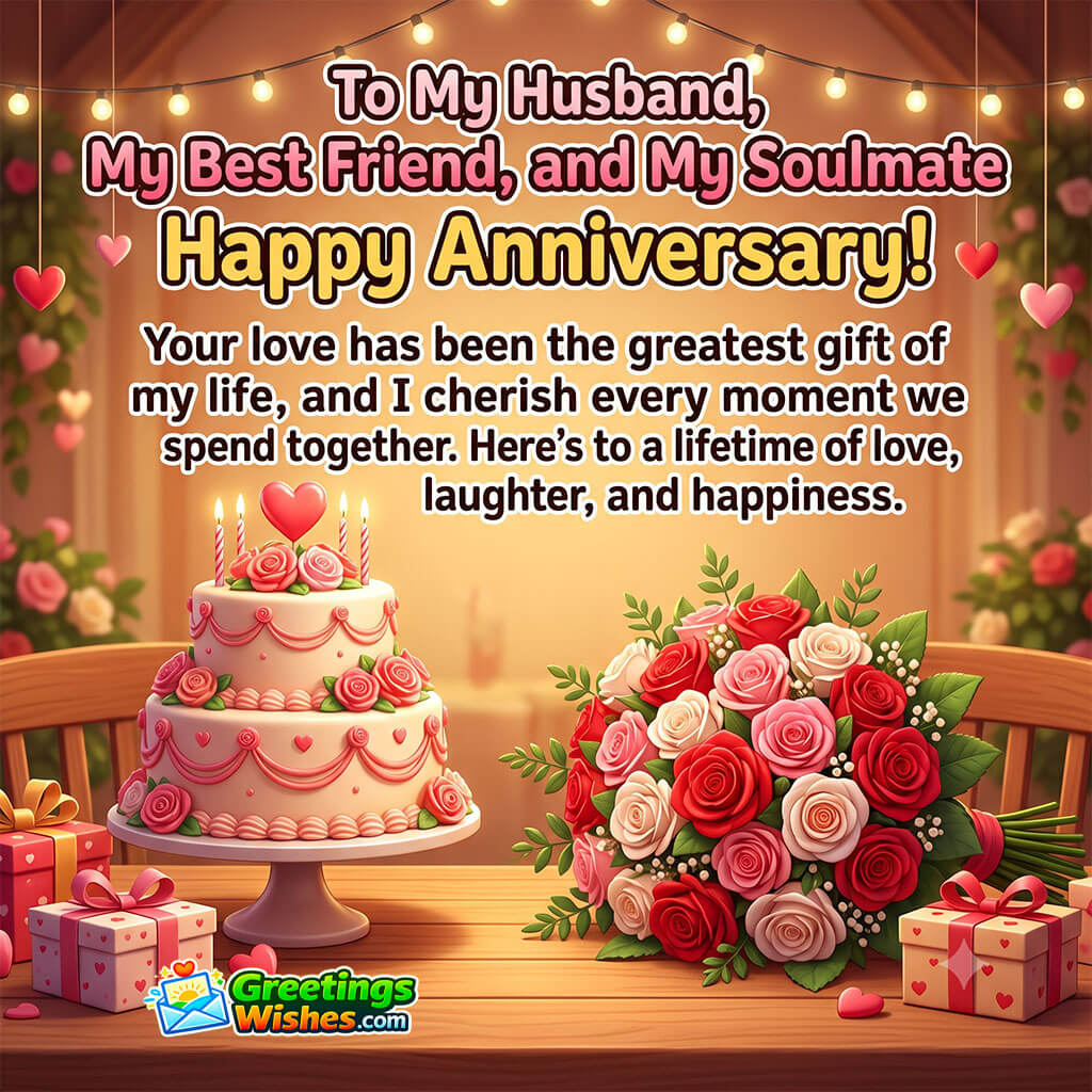 Anniversary Wishes for Husband image featuring an elegant anniversary cake, bouquet of roses, candles, and gift boxes, symbolizing true love, friendship, soulmates, and lifelong happiness.