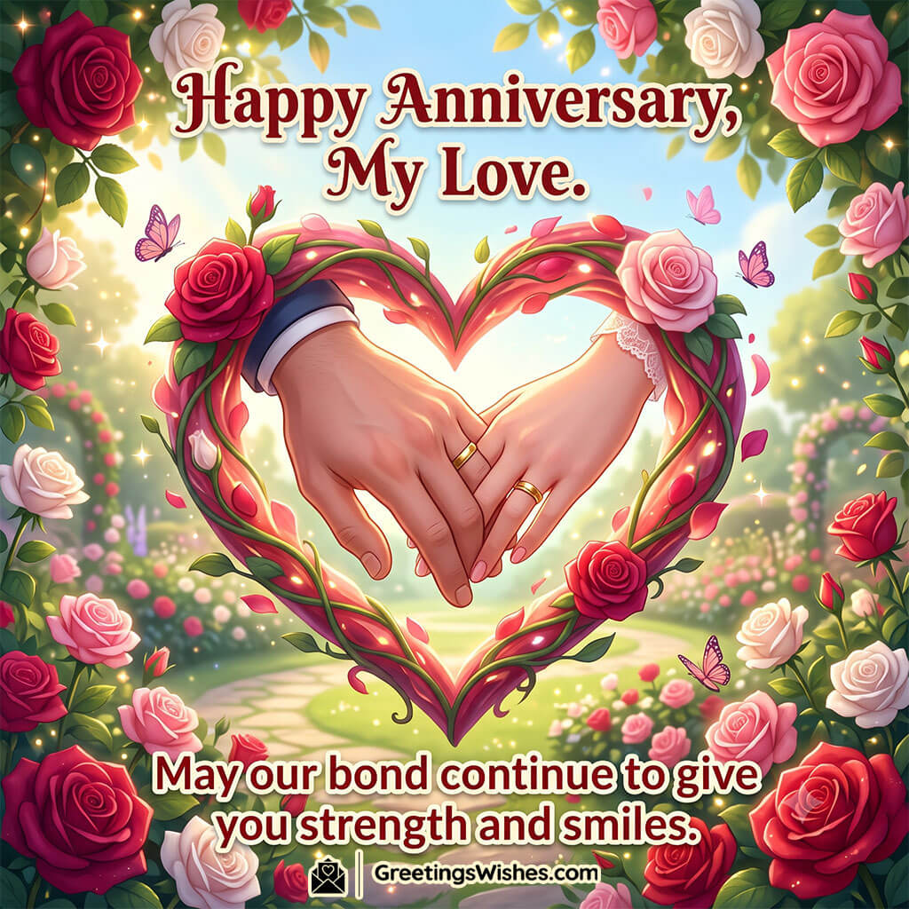 Happy Anniversary My Love image featuring a couple holding hands inside a heart of roses in a blooming garden, symbolizing deep love, unity, and an unbreakable lifelong bond.