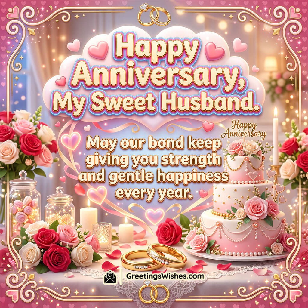 Happy Anniversary My Sweet Husband image featuring a beautiful anniversary cake, wedding rings, roses, and glowing candles, symbolizing affection, commitment, and years of shared happiness.