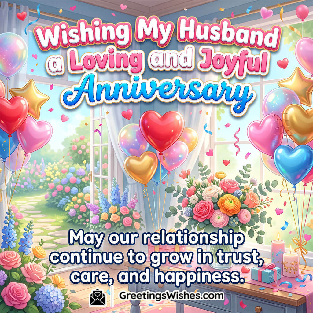 Happy Anniversary Wishes for Husband image featuring heart balloons, flowers, candles, and anniversary gifts in a beautifully decorated room, symbolizing love, trust, joy, and lasting companionship.