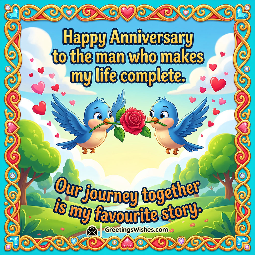 Happy Anniversary Wishes for Husband image featuring two adorable blue birds holding a red rose in a heart filled sky, symbolizing romance, devotion, and a beautiful journey together.