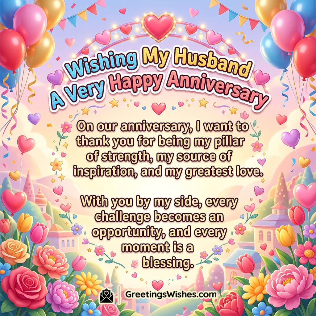 Heart Touching Anniversary Wishes for Husband image featuring festive balloons, blooming flowers, and a romantic celebration setting, symbolizing gratitude, devotion, and a lifetime of love together.