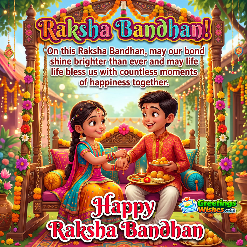 Rakhi Festival Greeting Card featuring siblings sitting on a decorated floral swing, symbolising a bright bond and blessings of shared happiness.