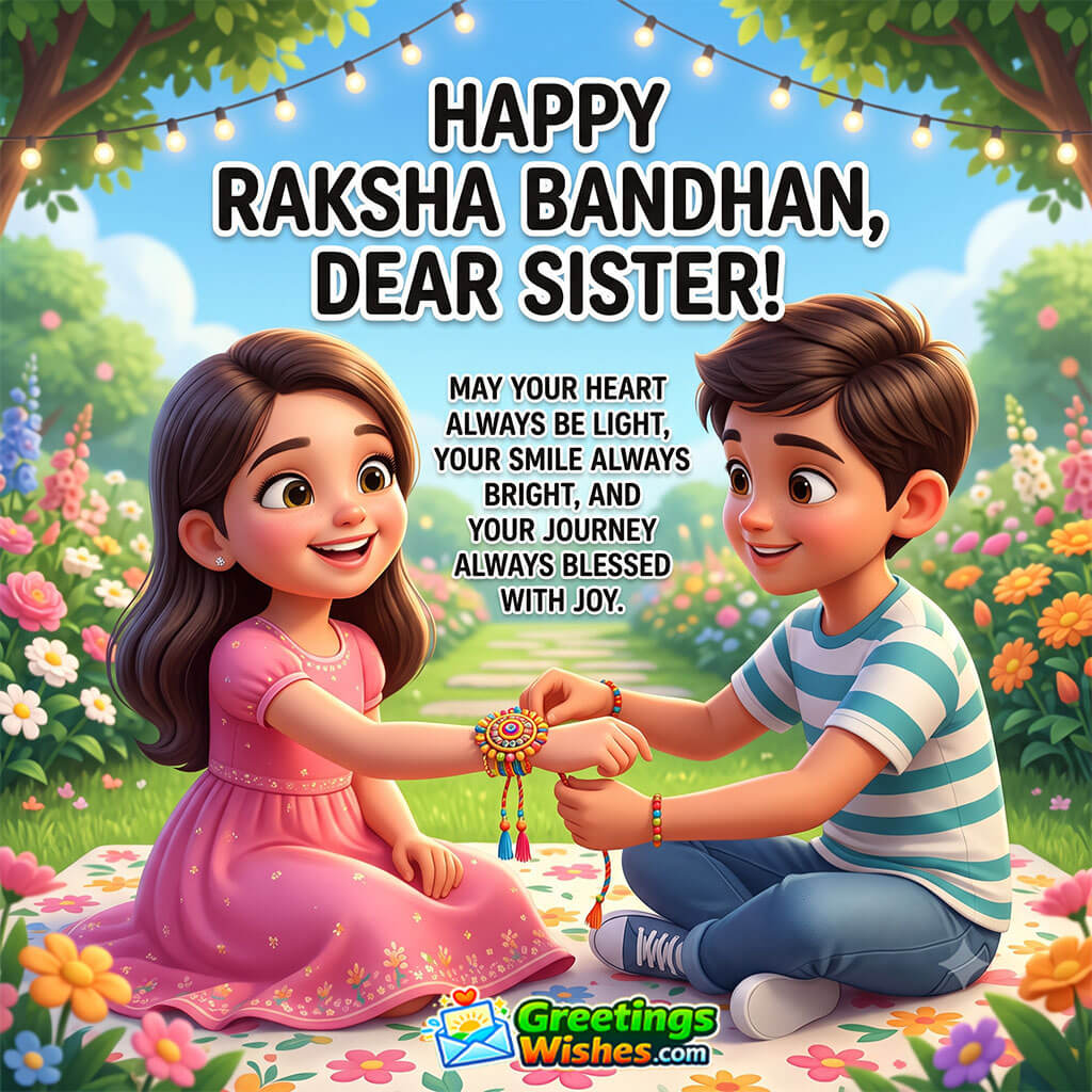 Raksha Bandhan Wishes For Sister featuring a brother tying a colorful rakhi on his sister in a blooming garden, symbolising a light heart, bright smile, and a joyful journey.
