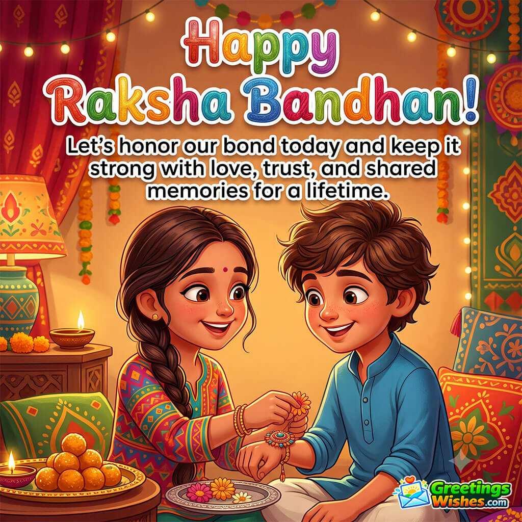 Raksha Bandhan Wishes Image featuring a sister tying a rakhi on her brother's wrist beside sweets and lit lamps, symbolising love, trust, and shared lifelong memories.