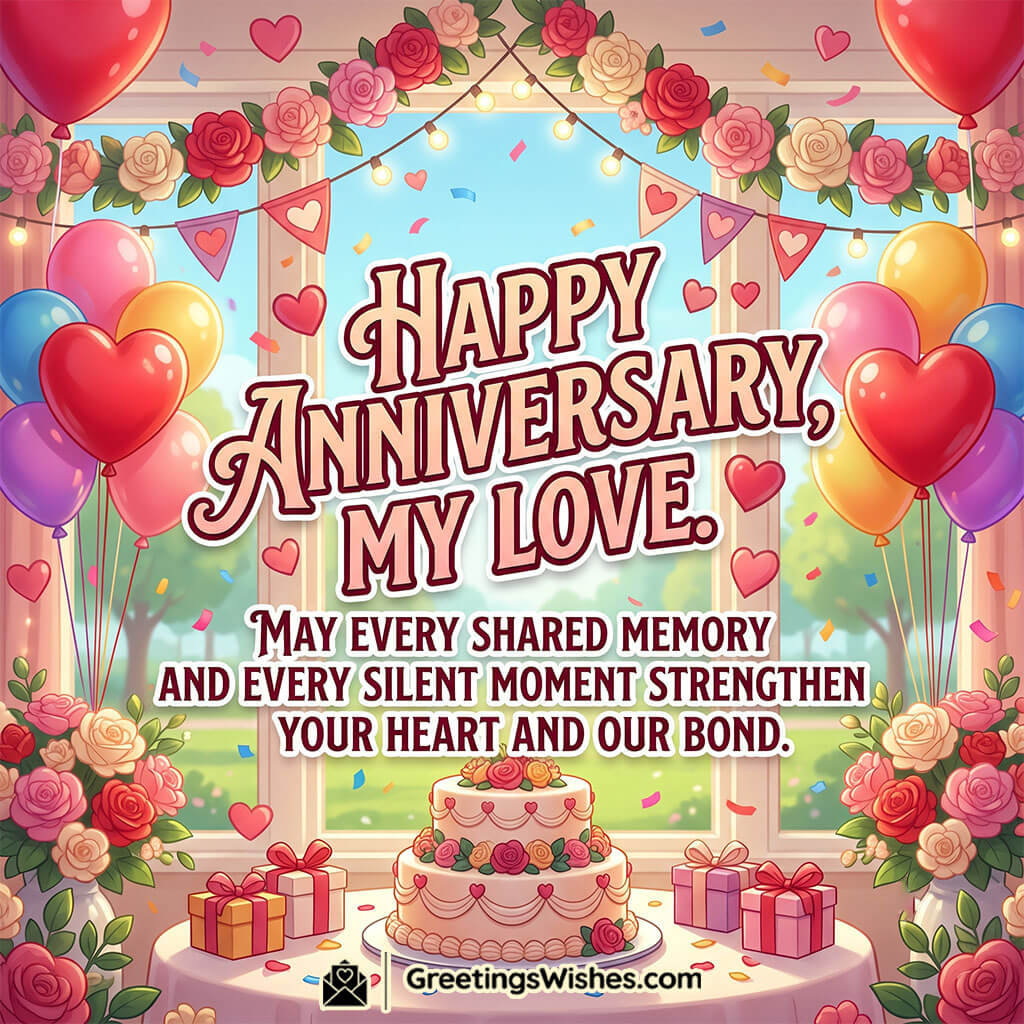 Romantic Anniversary Wishes for Husband image featuring an anniversary cake, heart balloons, roses, and wrapped gifts, symbolizing cherished memories, romance, and an enduring relationship.