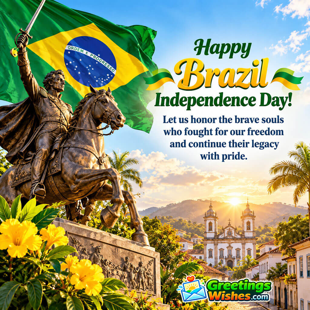 Brazil Independence Day Freedom Message Image featuring a historic equestrian monument, Brazilian flag, yellow flowers, palm trees, and a colonial town symbolizing courage, freedom, and respect for those who shaped the nation.