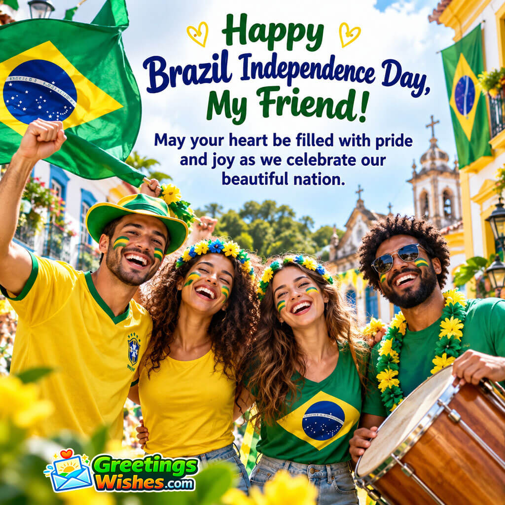 Brazil Independence Day Friends Wish Image featuring cheerful friends celebrating with Brazilian flags, festive face paint, flowers, and traditional drums symbolizing friendship, national pride, and joyful celebration.