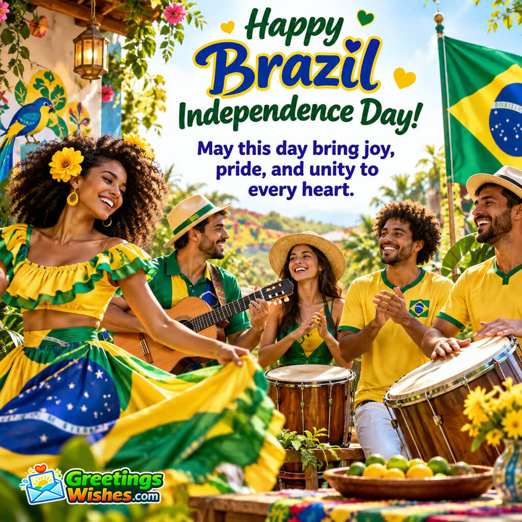 Brazil Independence Day Joy Wish Image featuring a festive group in Brazilian colours with traditional instruments, flowers, flags, and a colourful local setting symbolizing happiness, pride, unity, and cultural celebration.