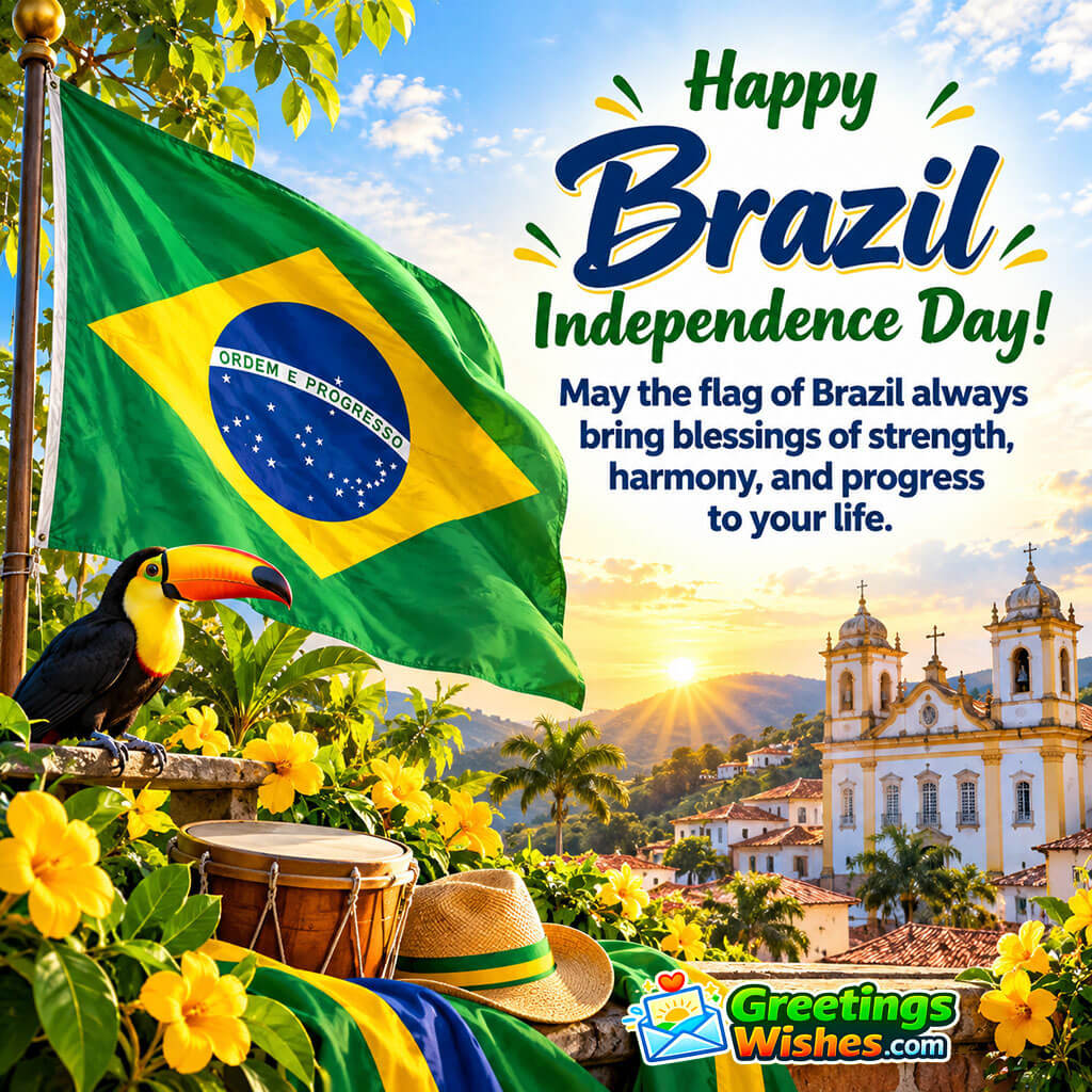 Brazil Independence Day Strength Wish Image featuring the Brazilian flag, toucan, tropical flowers, traditional drums, and a historic hillside town symbolizing national pride, harmony, strength, and progress.